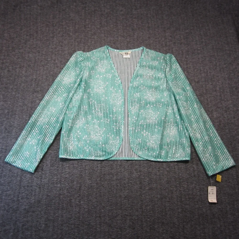 Vtg Sears Jacket‎ Womens 20 Aqua White Stripe Floral Sheer Open Front Retro Glam